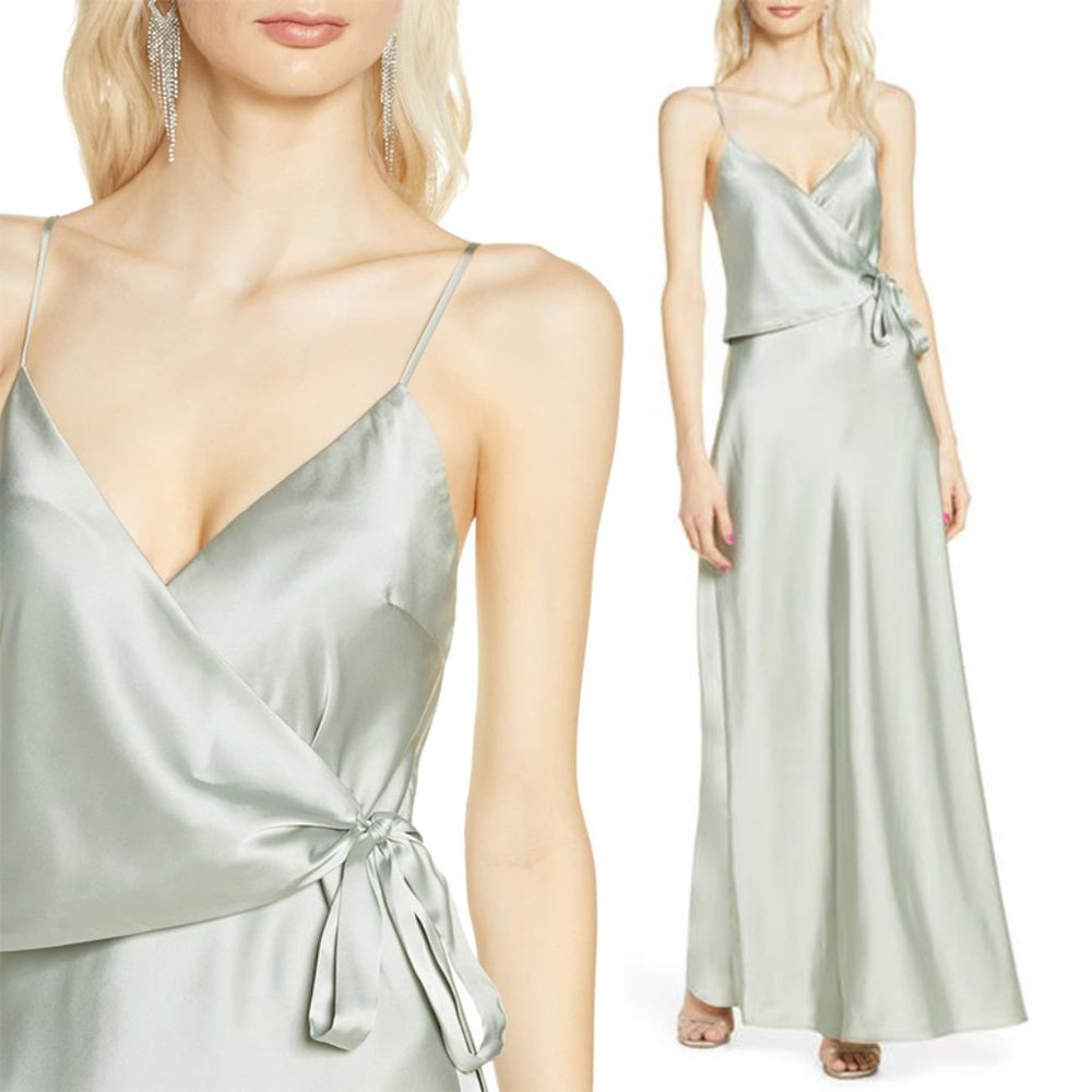 NWT WAYF The Cooper Satin Faux Wrap Gown Pistachio